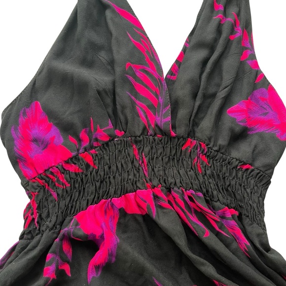 Tropical Women’s OS Pink, Purple Black Hibiscus Floral Halter Handkerchief Dress - Picture 8 of 16